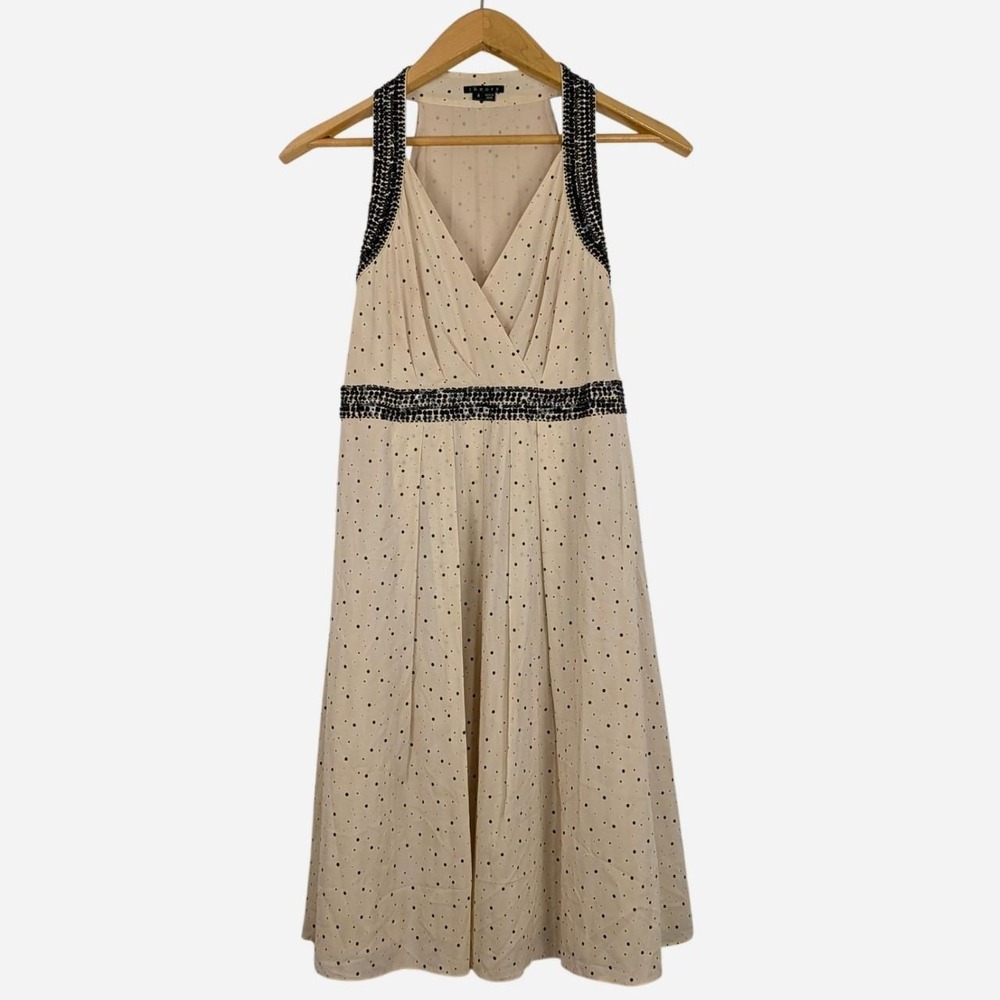 Theory Cream Black Polka Dot Silk Beaded Waist Sleeveless Dress 4